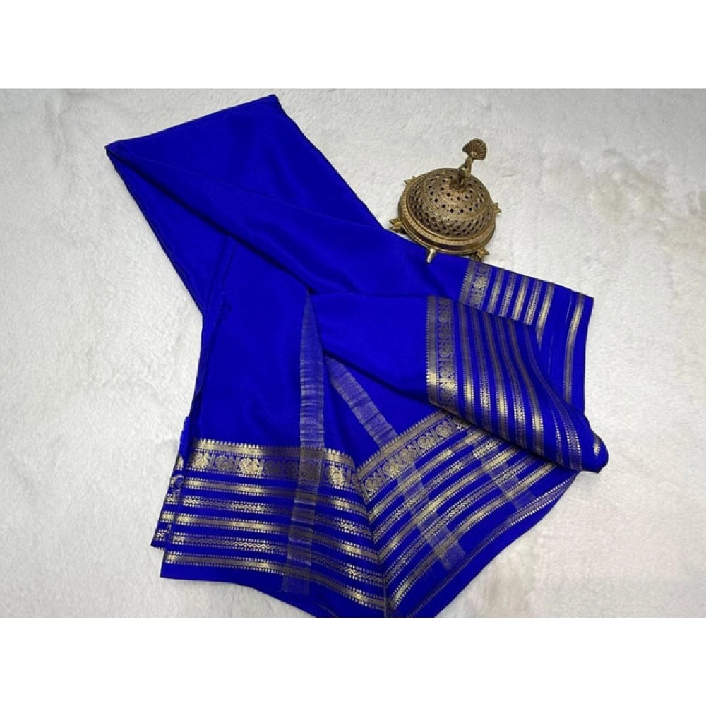 Women's Crepe Chit Pallu Solid Saree With Unstitched Blouse 5.5Mtr (Blue)