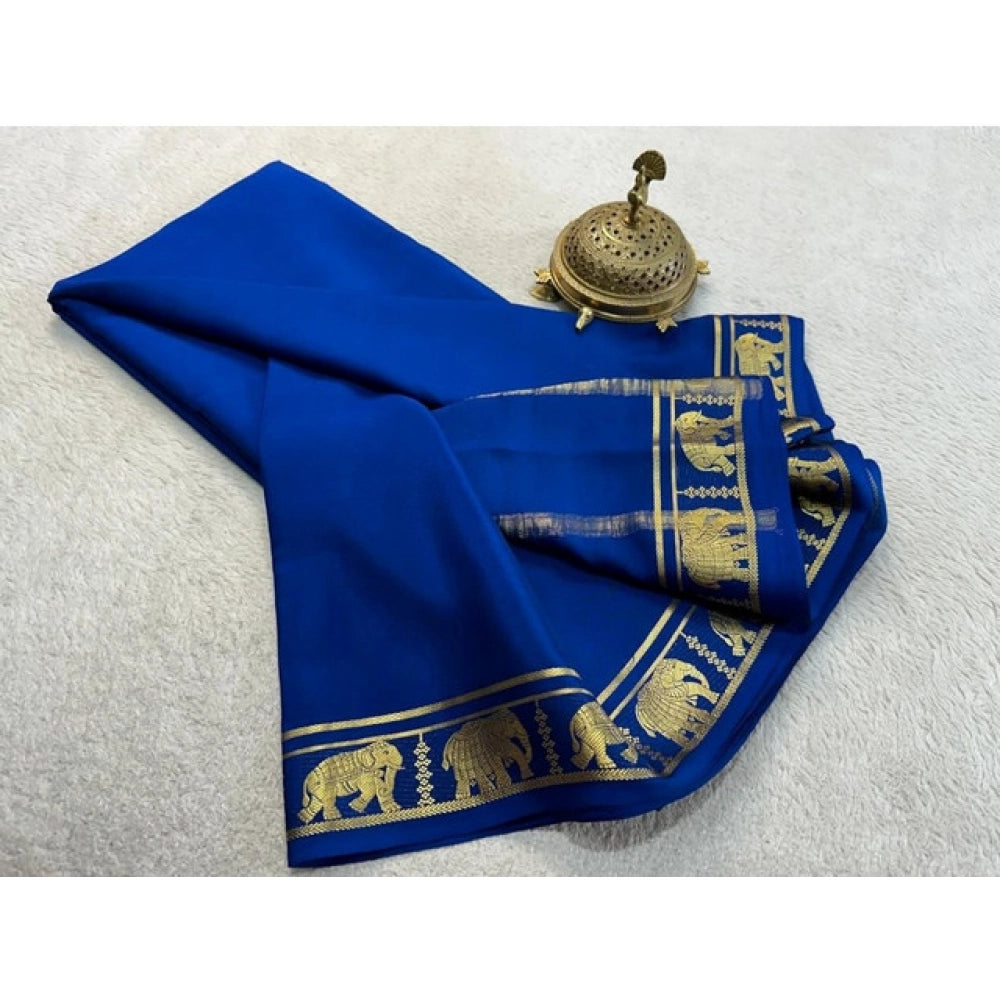 Women's Crepe Chit Pallu Solid Saree With Unstitched Blouse 5.5Mtr (Navy Blue)
