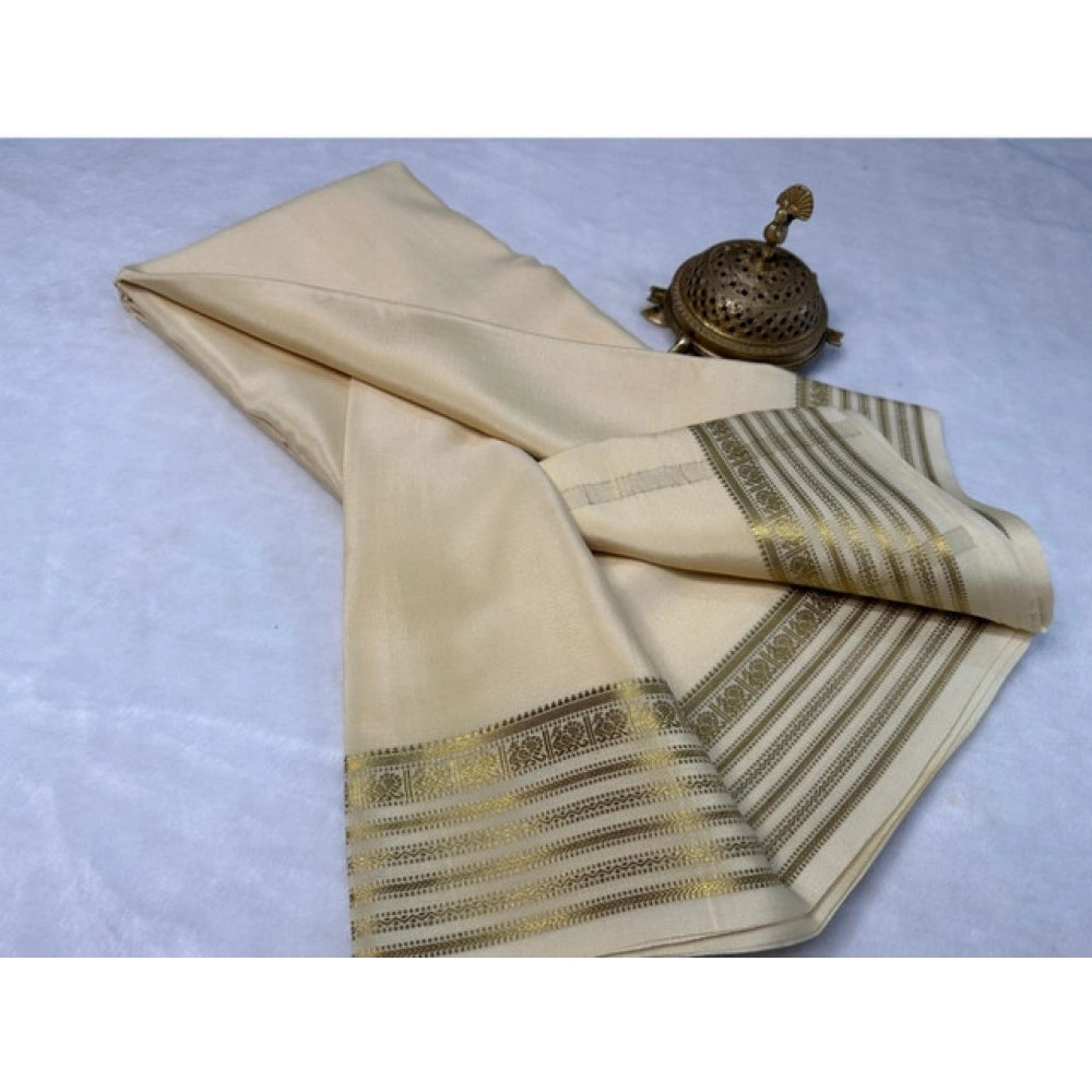 Women's Crepe Chit Pallu Solid Saree With Unstitched Blouse 5.5Mtr (Beige)