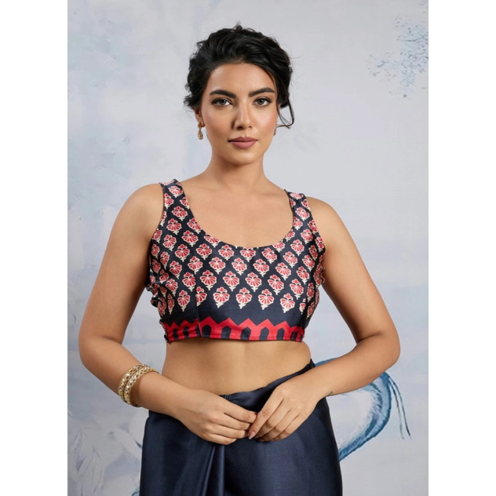 Women's Satin Crepe Printed Saree With Unstitched Blouse 5.5Mtr (Navy Blue)