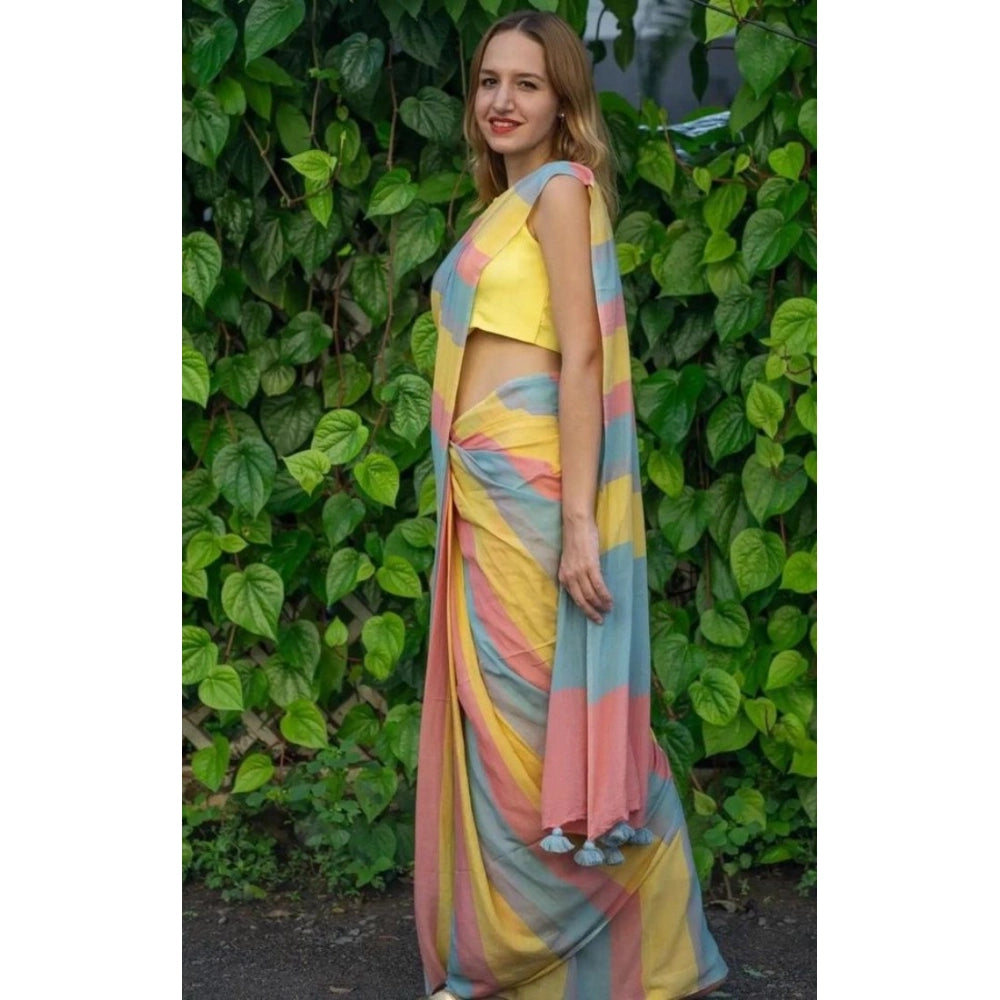 Women's Linen Printed Saree With Unstitched Blouse 5.5Mtr (Multicolor)