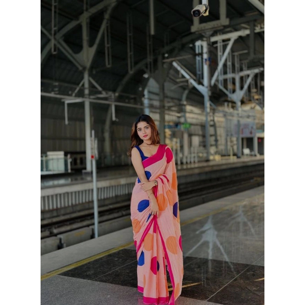 Women's Linen Printed Saree With Unstitched Blouse 5.5Mtr (Orange)