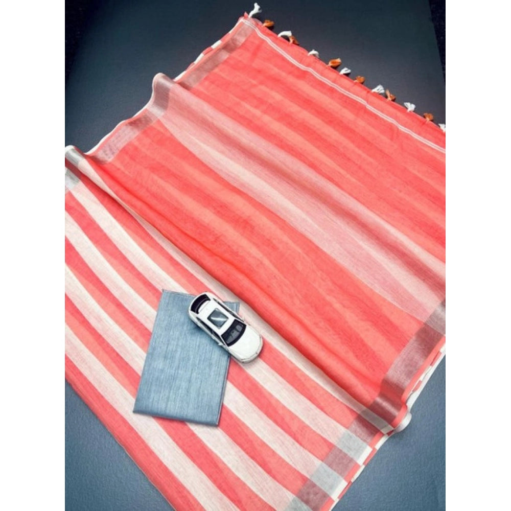 Women's Linen Printed Saree With Unstitched Blouse 5.5Mtr (Multicolor)