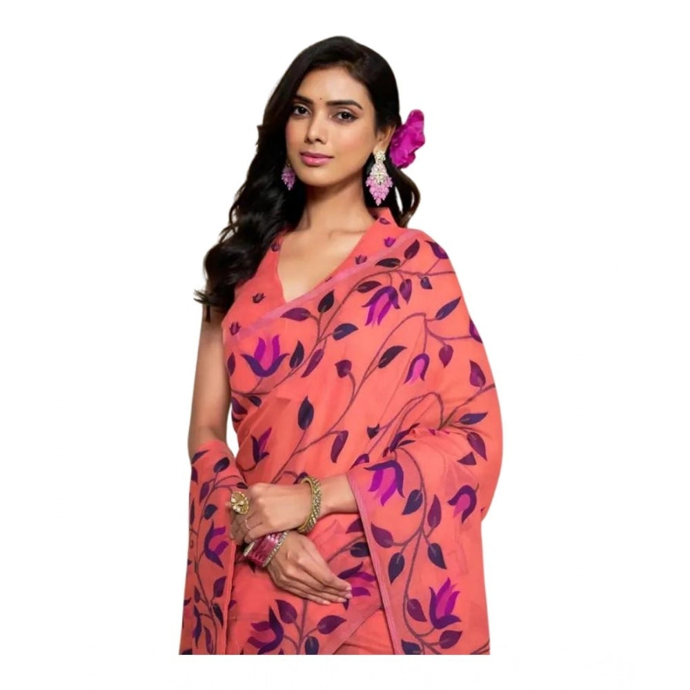 Women's Georgette Printed Saree With Unstitched Blouse 5.5Mtr (Peach)