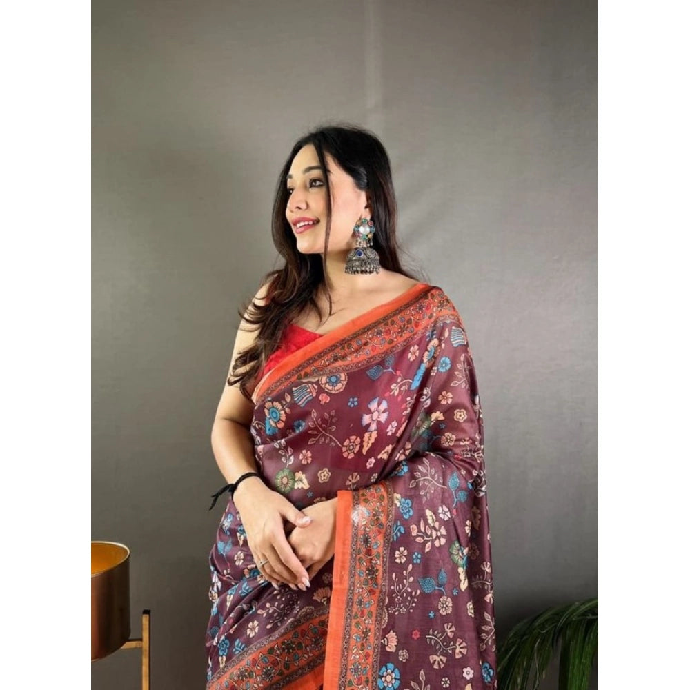 Women's Linen Printed Saree With Unstitched Blouse 5.5Mtr (Brown)