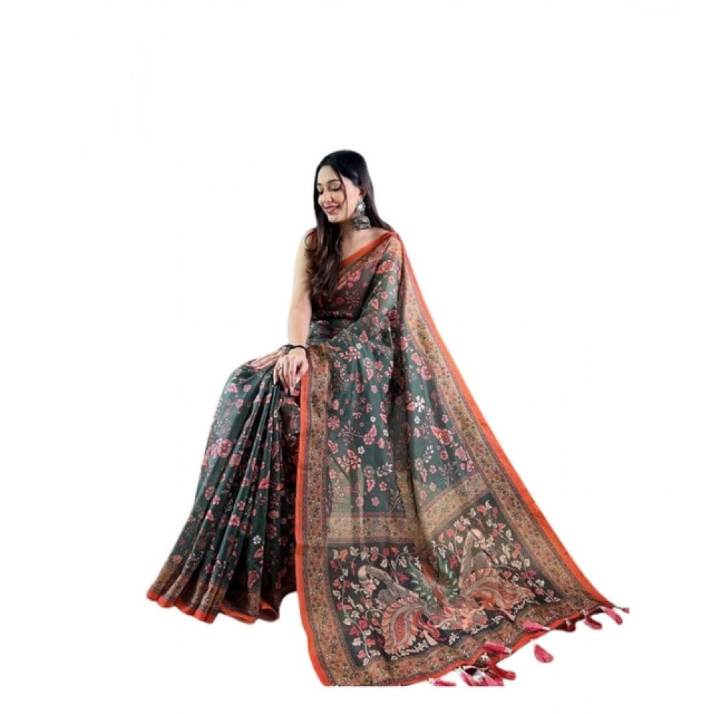 Women's Linen Printed Saree With Unstitched Blouse 5.5Mtr (Green)