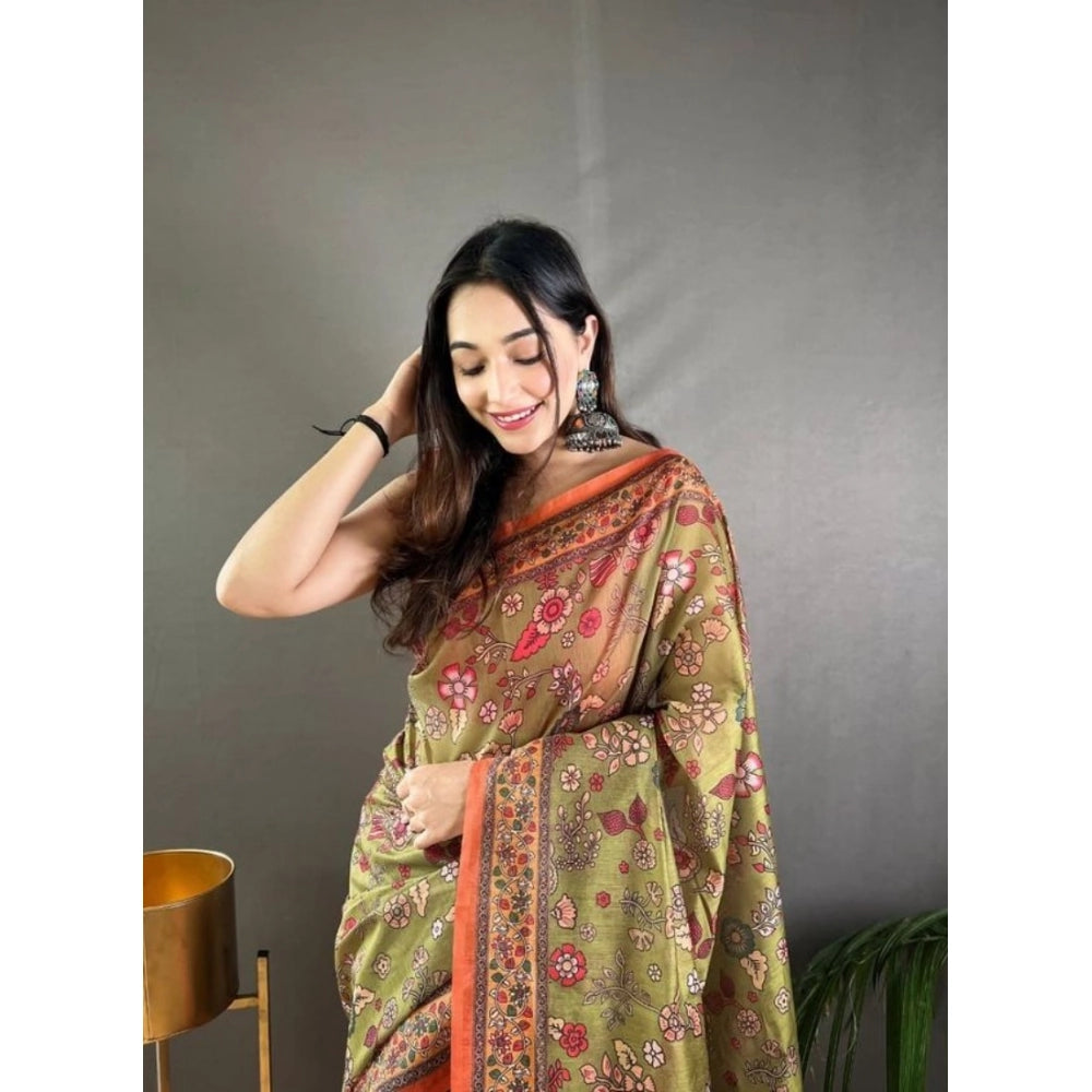 Women's Linen Printed Saree With Unstitched Blouse 5.5Mtr (Sea Green)