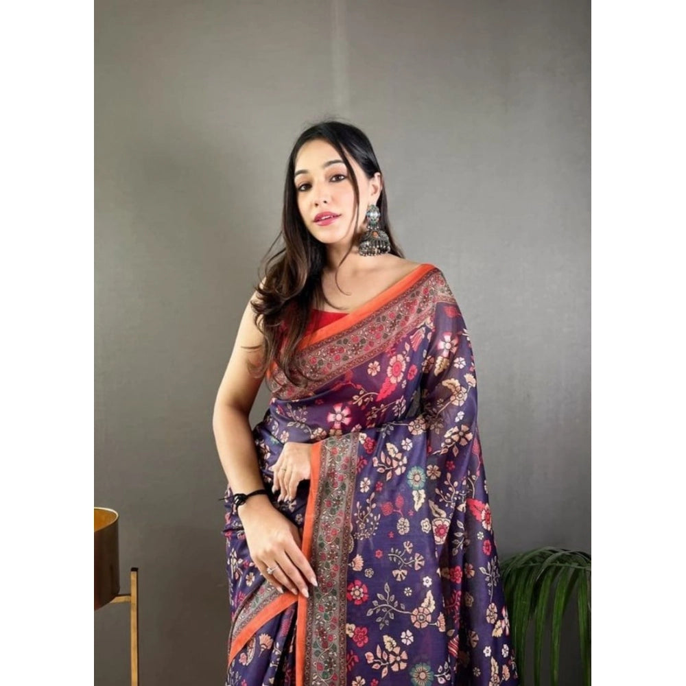 Women's Linen Printed Saree With Unstitched Blouse 5.5Mtr (Blue)