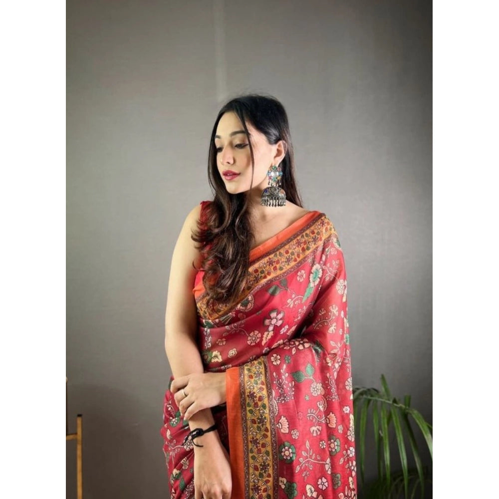 Women's Linen Printed Saree With Unstitched Blouse 5.5Mtr (Red)