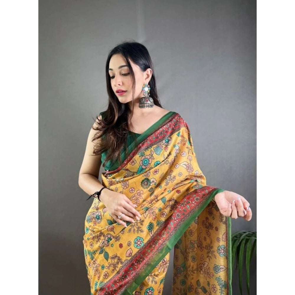 Women's Linen Printed Saree With Unstitched Blouse 5.5Mtr (Yellow)