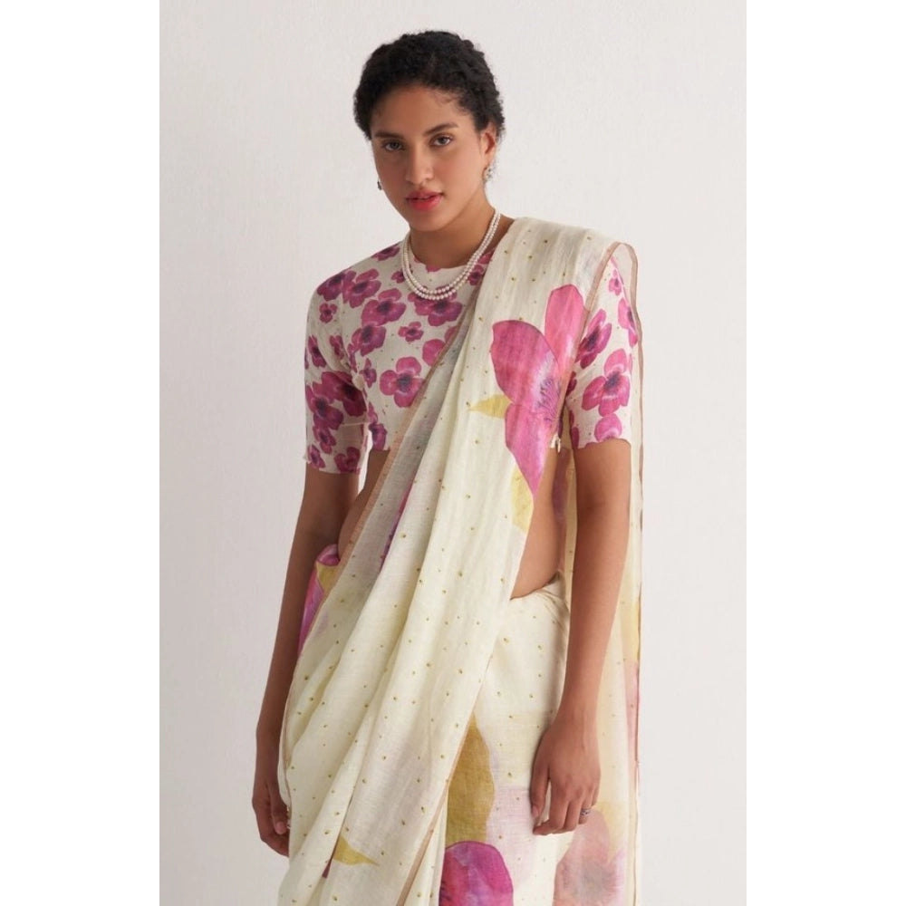 Women's Linen Printed Saree With Unstitched Blouse 5.5Mtr (White)