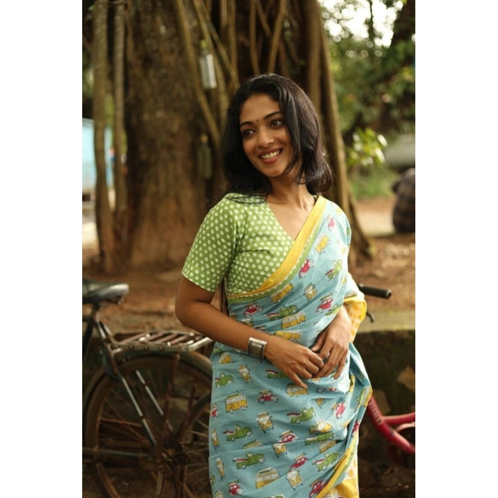 Women's Linen Printed Saree With Unstitched Blouse 5.5Mtr (Blue)