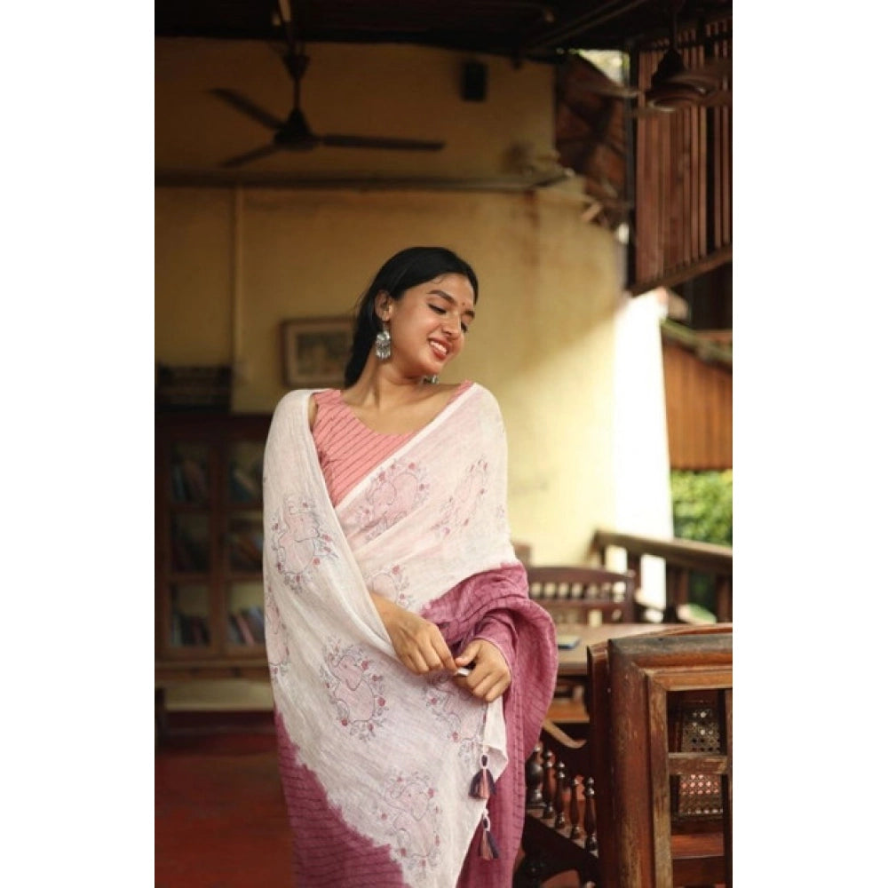 Women's Linen Printed Saree With Unstitched Blouse 5.5Mtr (White)