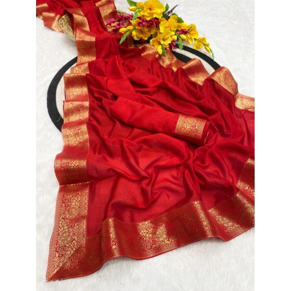Women's Vichitra Silk Printed Saree With Unstitched Blouse 5.5Mtr (Red)