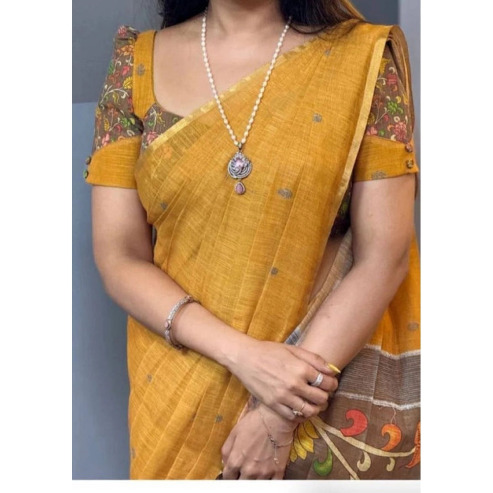 Women's Linen Printed Saree With Unstitched Blouse 5.5Mtr (Mustard)