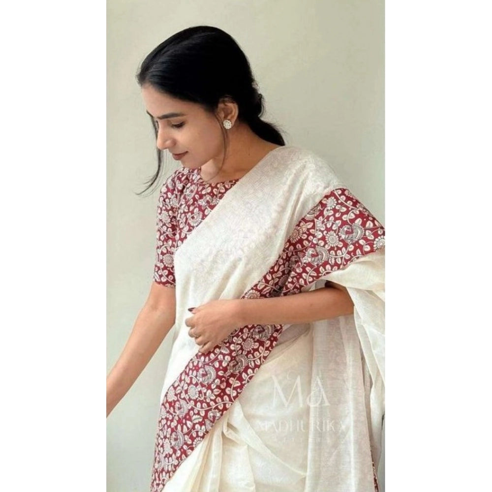 Women's Linen Printed Saree With Unstitched Blouse 5.5Mtr (White)
