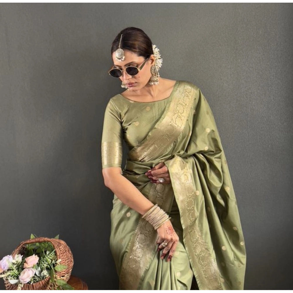 Women's Satin Printed Saree With Unstitched Blouse 5.5Mtr (Green)