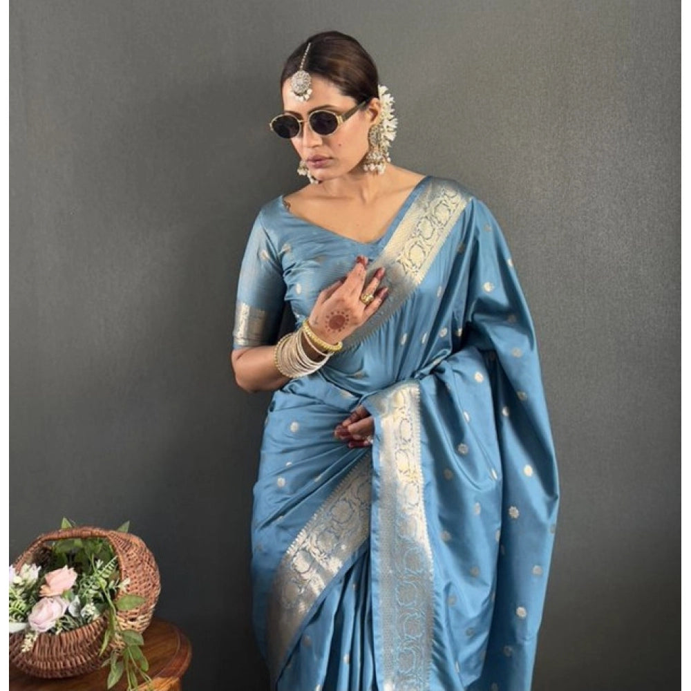 Women's Satin Printed Saree With Unstitched Blouse 5.5Mtr (light Blue)