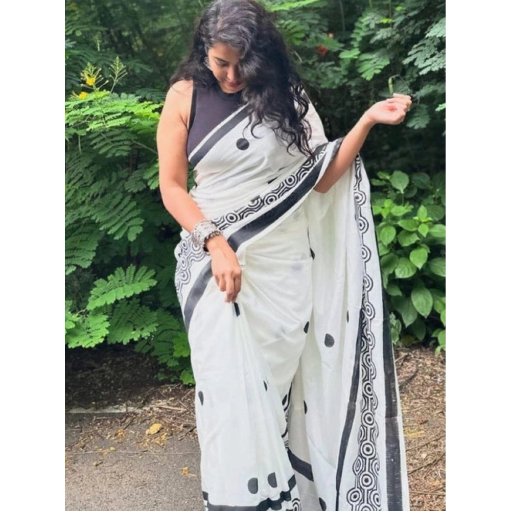 Women's Linen Printed Saree With Unstitched Blouse 5.5Mtr (White)