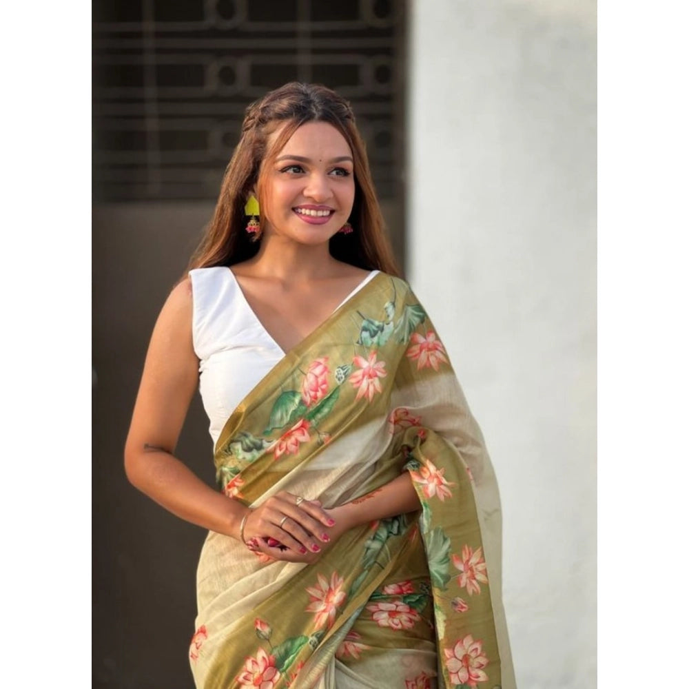 Women's Linen Printed Saree With Unstitched Blouse 5.5Mtr (Mahendi)