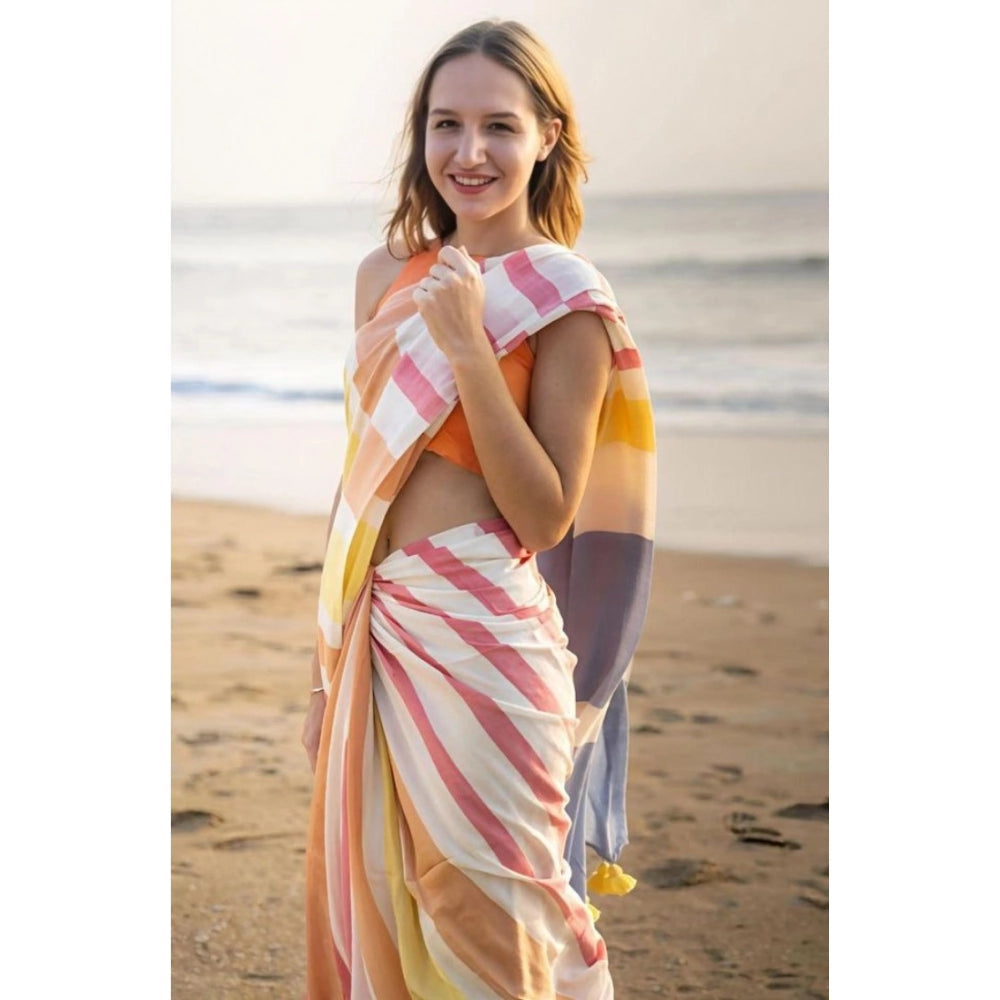 Women's Linen Printed Saree With Unstitched Blouse 5.5Mtr (Yellow)