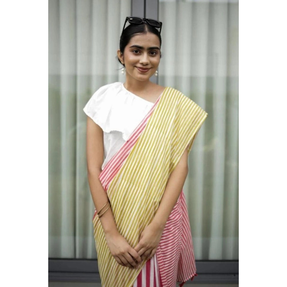 Women's Linen Printed Saree With Unstitched Blouse 5.5Mtr (Yellow)