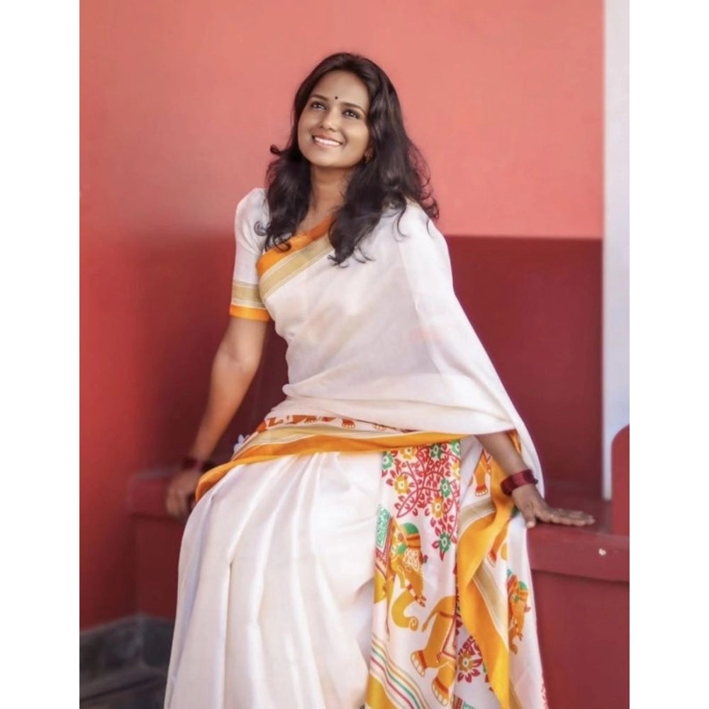Women's Linen Printed Saree With Unstitched Blouse 5.5Mtr (White)