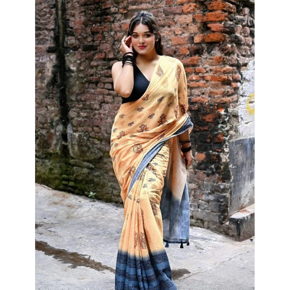 Women's Linen Printed Saree With Unstitched Blouse 5.5Mtr (Peach)