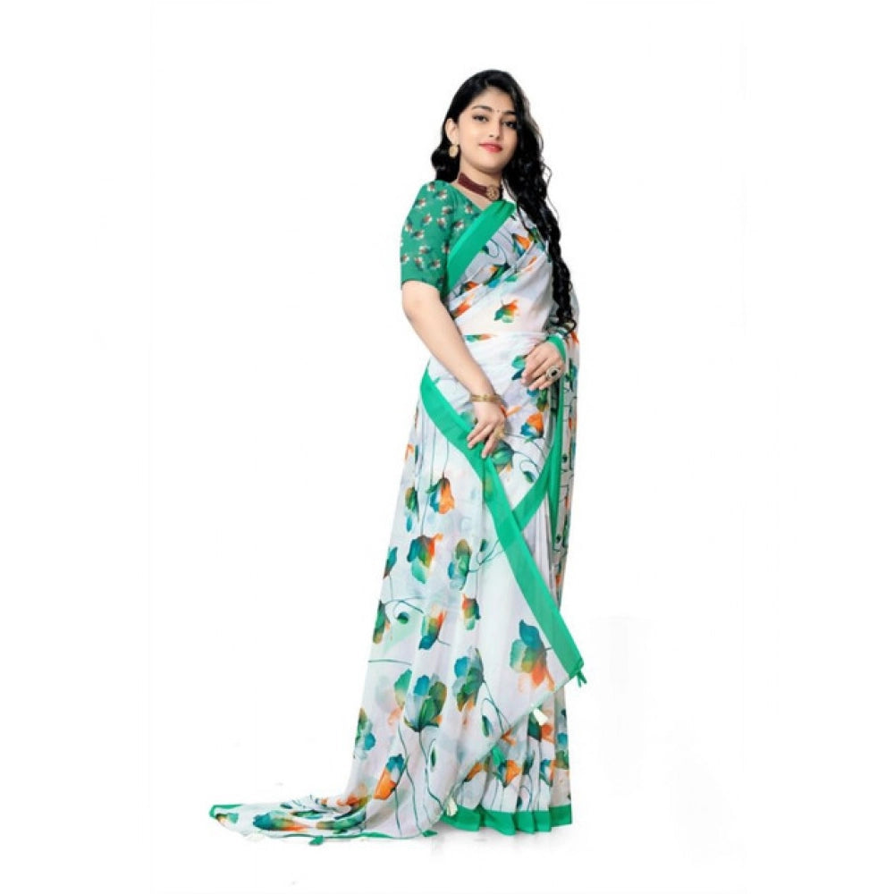 Women's Georgette Floral Printed Saree With Unstitched Blouse 5.5Mtr (Green)