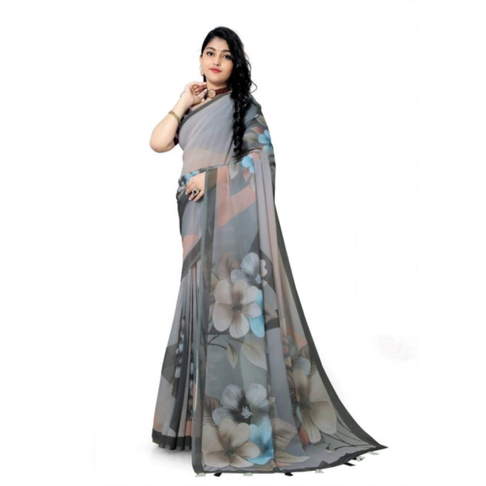 Women's Georgette Floral Printed Saree With Unstitched Blouse 5.5Mtr (Grey)