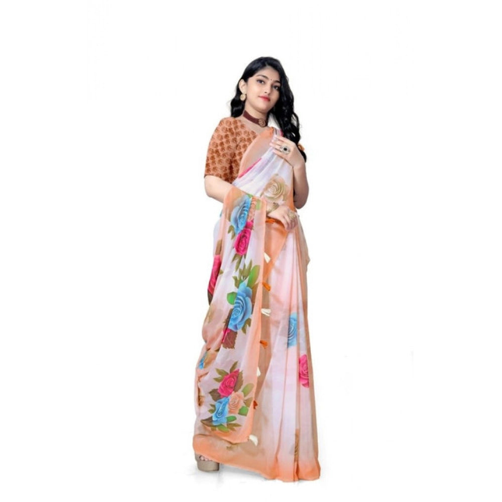 Women's Georgette Floral Printed Saree With Unstitched Blouse 5.5Mtr (Orange)