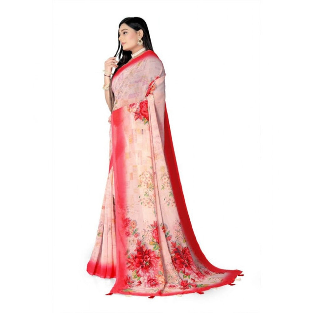Women's Georgette Floral Printed Saree With Unstitched Blouse 5.5Mtr (Red)