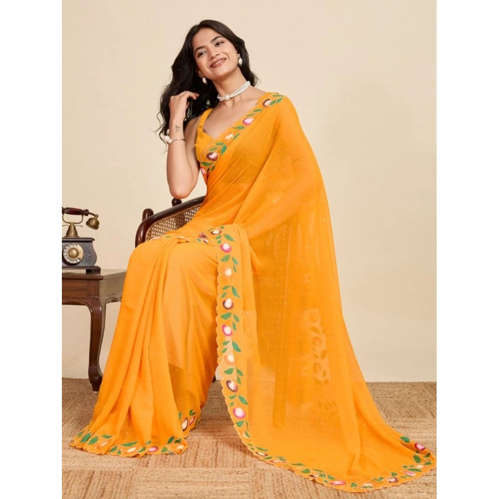 Women's Georgette Printed Saree With Unstitched Blouse 5.5Mtr (Yellow)