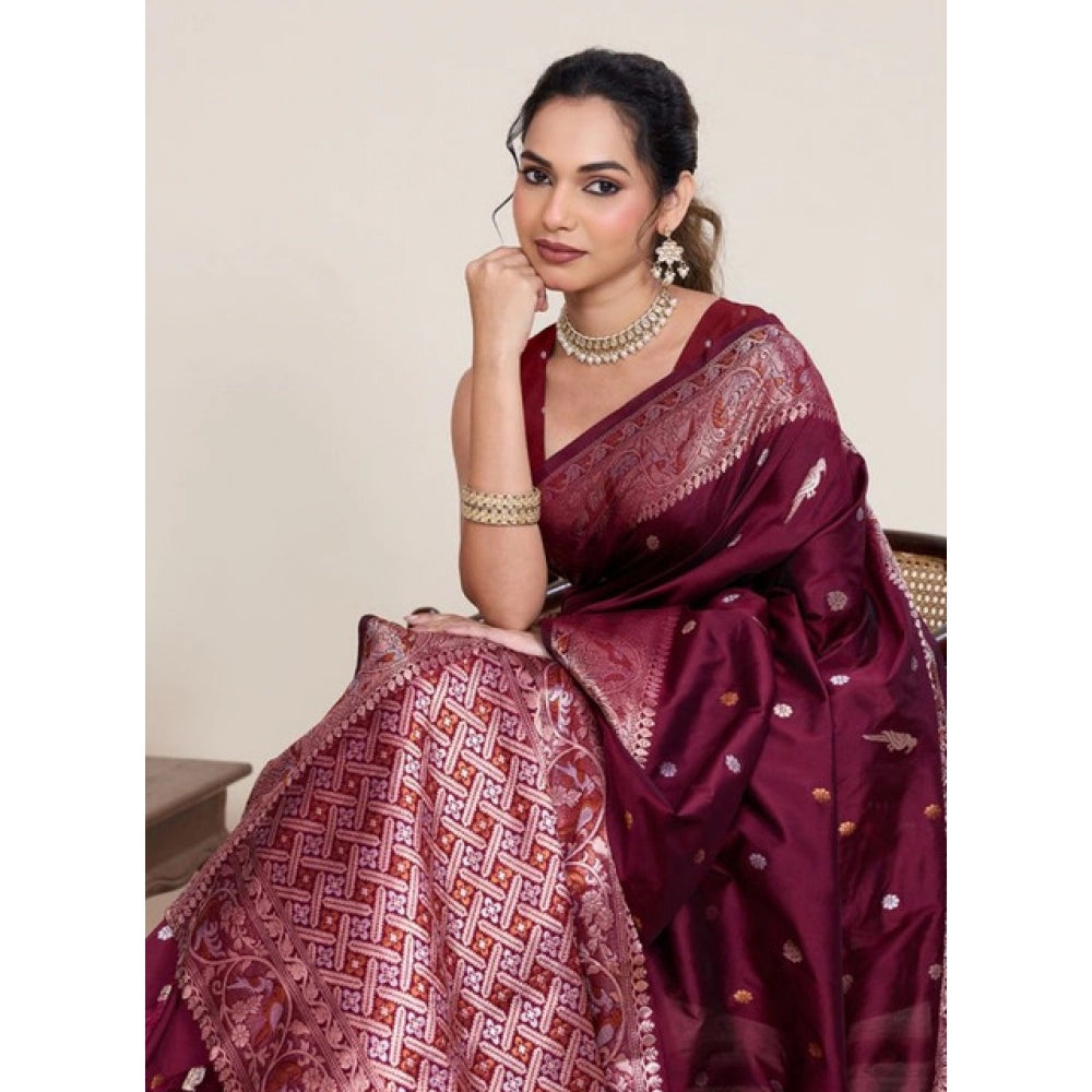 Women's Jacquard Woven Saree With Unstitched Blouse 5.5Mtr (Maroon)