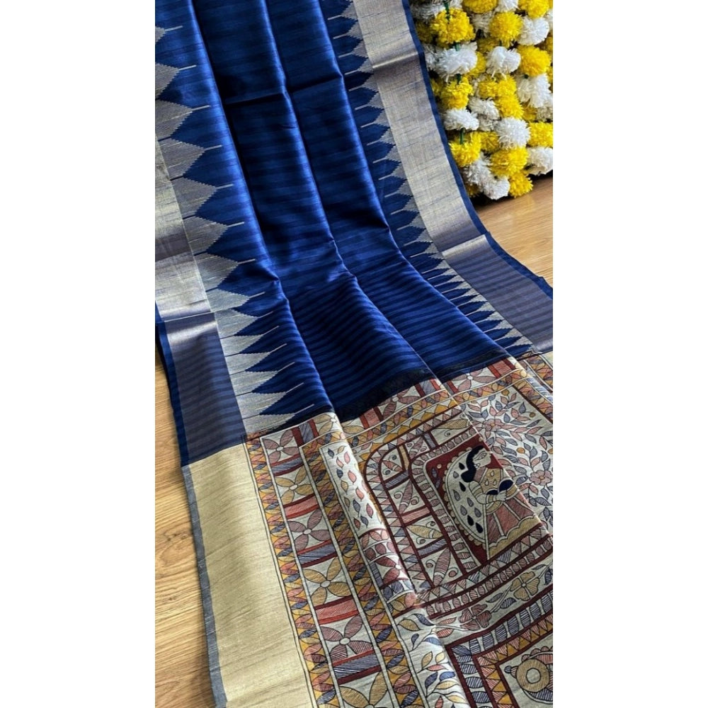 Women's Tussar Silk Madhubani Saree With Unstitched Blouse 5.5Mtr (Blue)