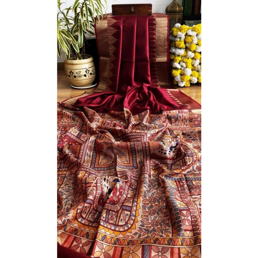 Women's Tussar Silk Madhubani Saree With Unstitched Blouse 5.5Mtr (Maroon)