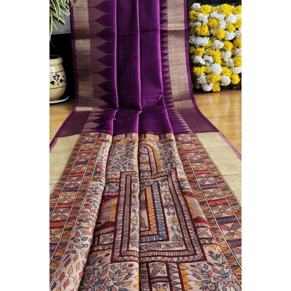 Women's Tussar Silk Madhubani Saree With Unstitched Blouse 5.5Mtr (Purple)
