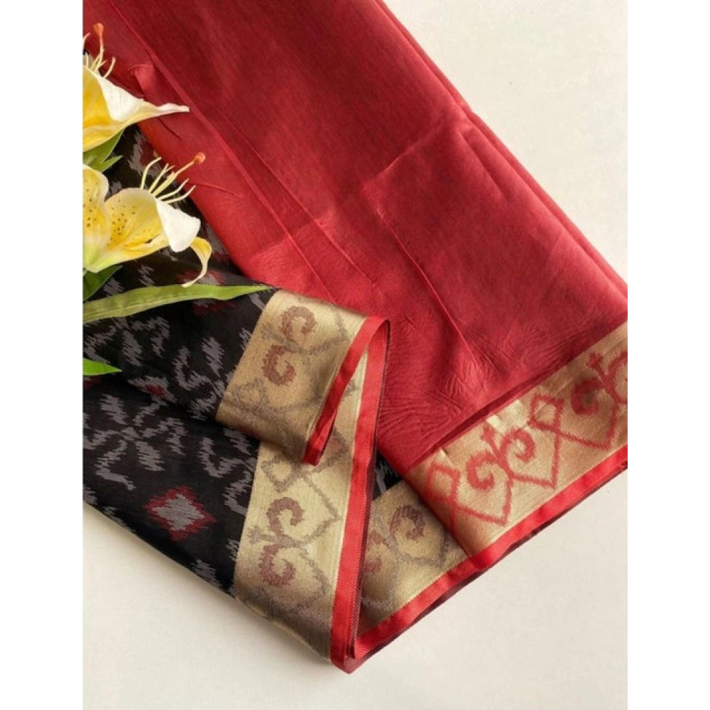 Women's Raw Silk Ikkat Saree With Unstitched Blouse 5.5Mtr (Black)