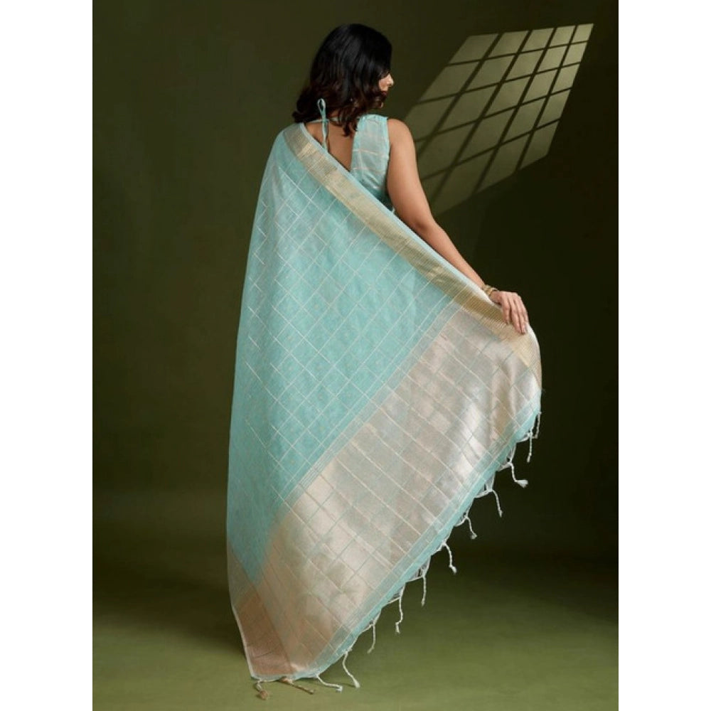 Women's Tissue Checks_With_Buttis Saree With Unstitched Blouse 5.5Mtr (Aqua_Blue)