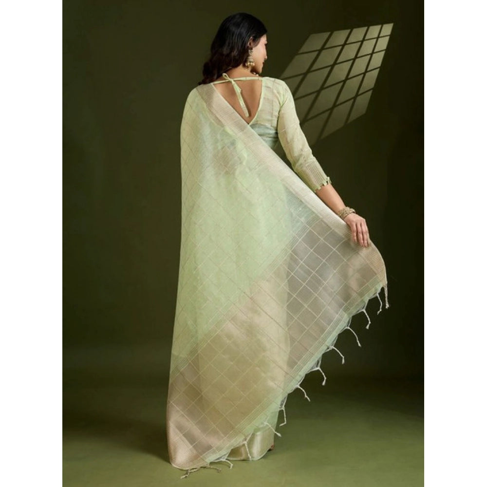 Women's Tissue Checks_With_Buttis Saree With Unstitched Blouse 5.5Mtr (Light_Green)