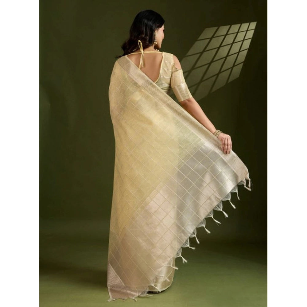 Women's Tissue Checks_With_Buttis Saree With Unstitched Blouse 5.5Mtr (Yellow)