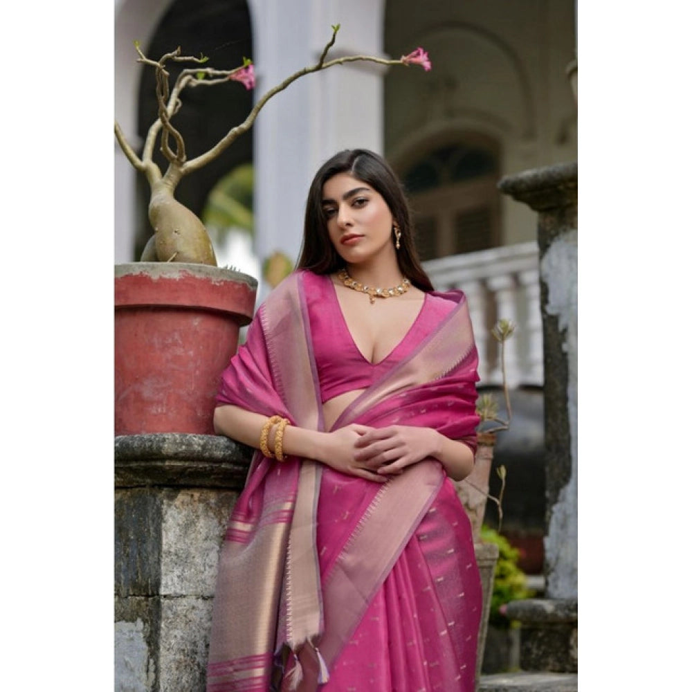 Women's Silk_Blend Butti Pattern Saree With Unstitched Blouse 5.5Mtr (Pink)