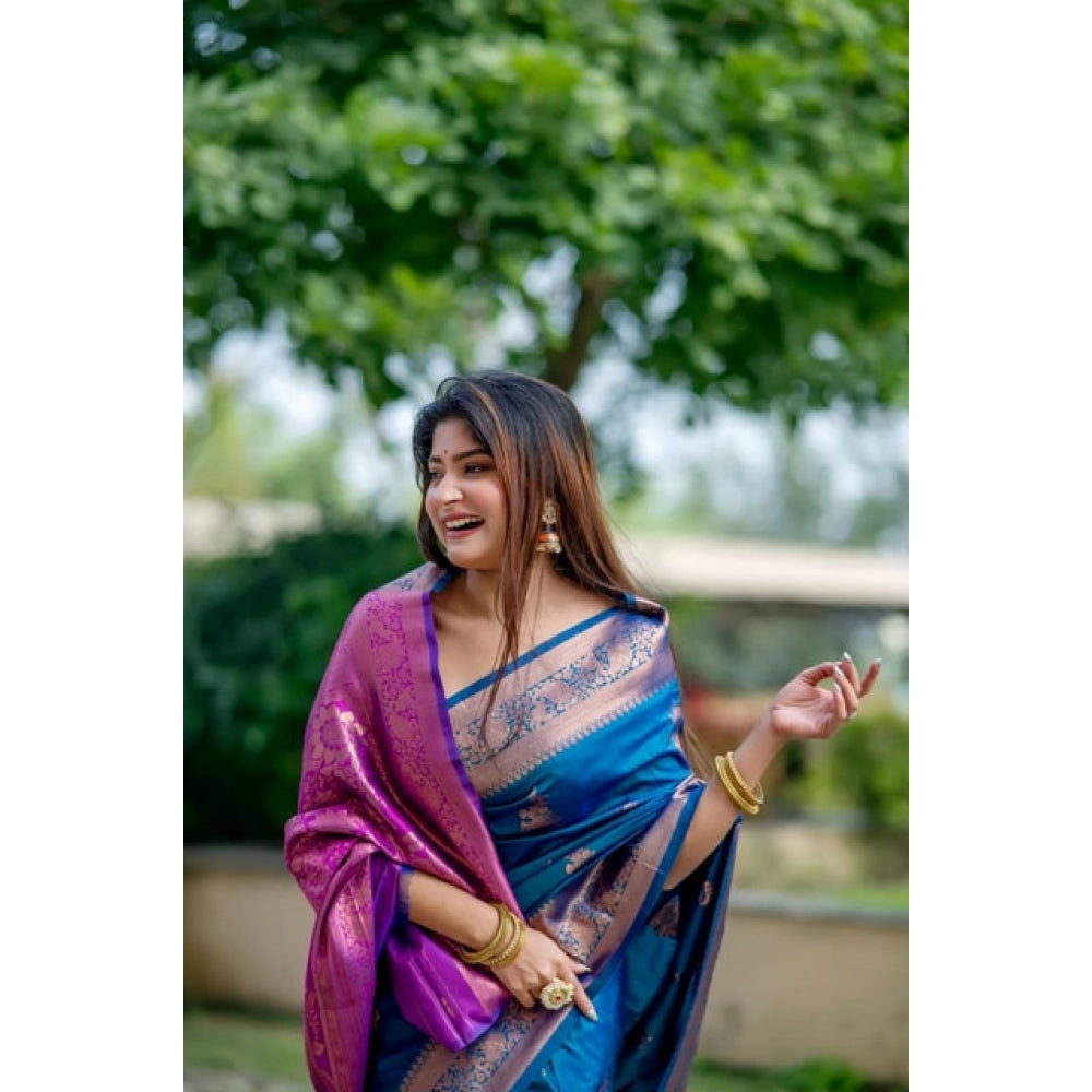 Women's Katan_Silk Zari_Weaving Saree With Unstitched Blouse 5.5Mtr (Blue)