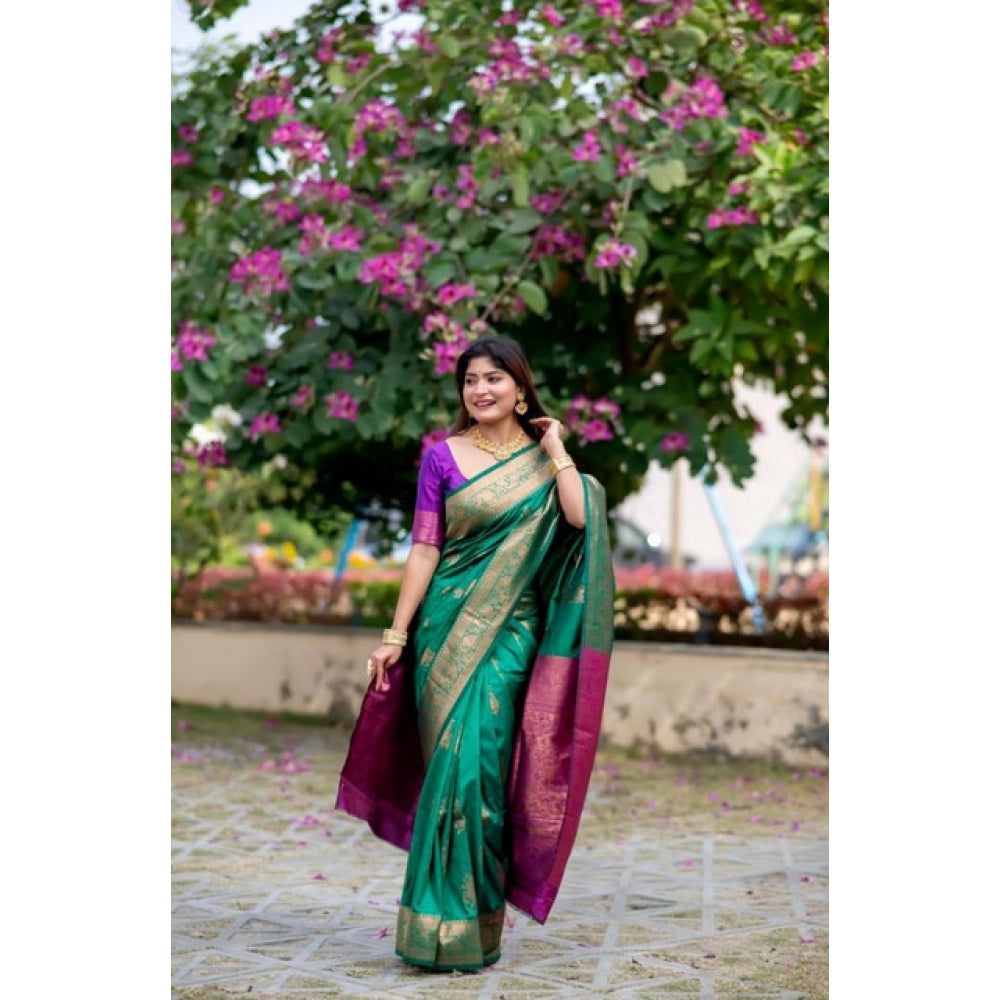 Women's Katan_Silk Zari_Weaving Saree With Unstitched Blouse 5.5Mtr (Dark_Green)