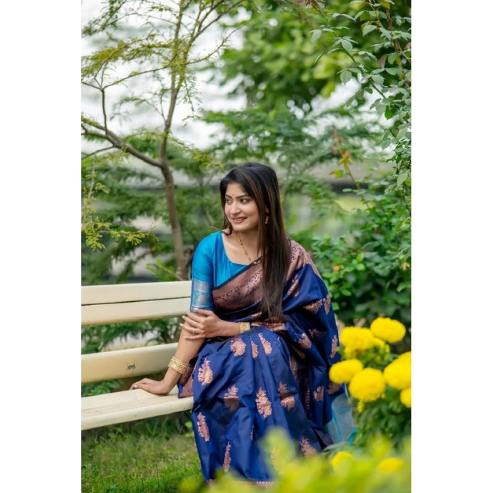 Women's Katan_Silk Zari_Weaving Saree With Unstitched Blouse 5.5Mtr (Navy_Blue)
