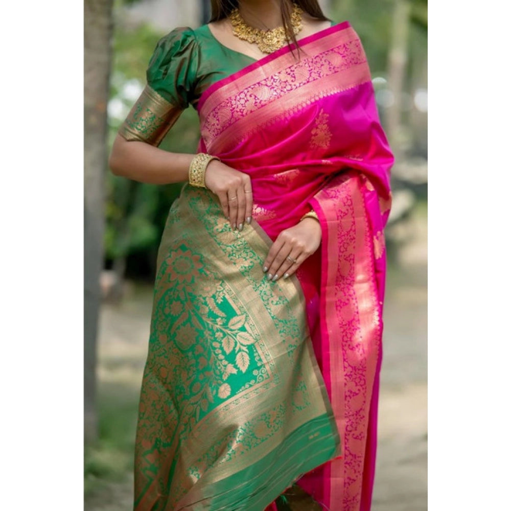 Women's Katan_Silk Zari_Weaving Saree With Unstitched Blouse 5.5Mtr (Pink)
