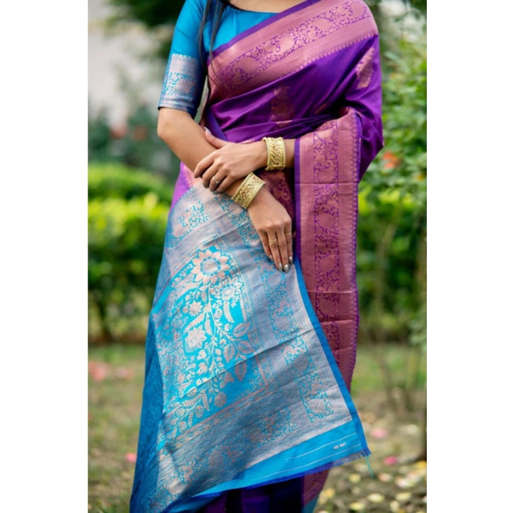 Women's Katan_Silk Zari_Weaving Saree With Unstitched Blouse 5.5Mtr (Purple)