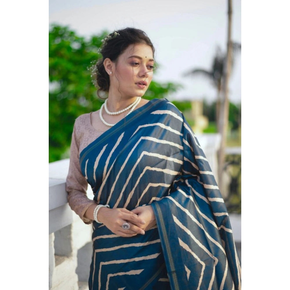 Women's Faux_Tussar_Silk Geometric_Print Saree With Unstitched Blouse 5.5Mtr (Blue)