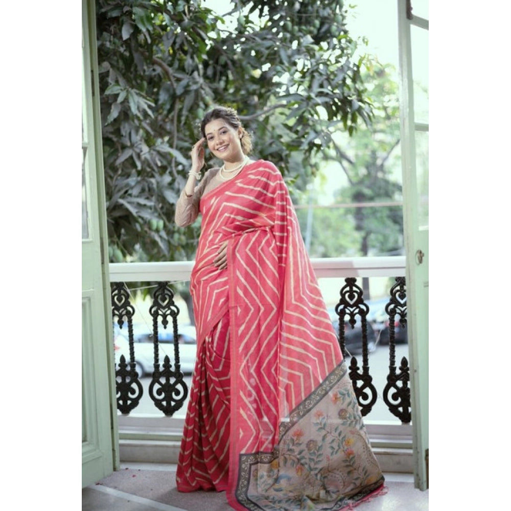 Women's Faux_Tussar_Silk Geometric_Print Saree With Unstitched Blouse 5.5Mtr (Pink)