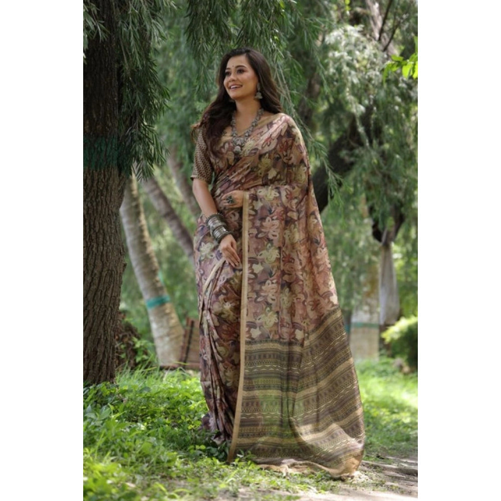 Women's Faux_Tussar_Silk Abstract_Print Saree With Unstitched Blouse 5.5Mtr (Brown)